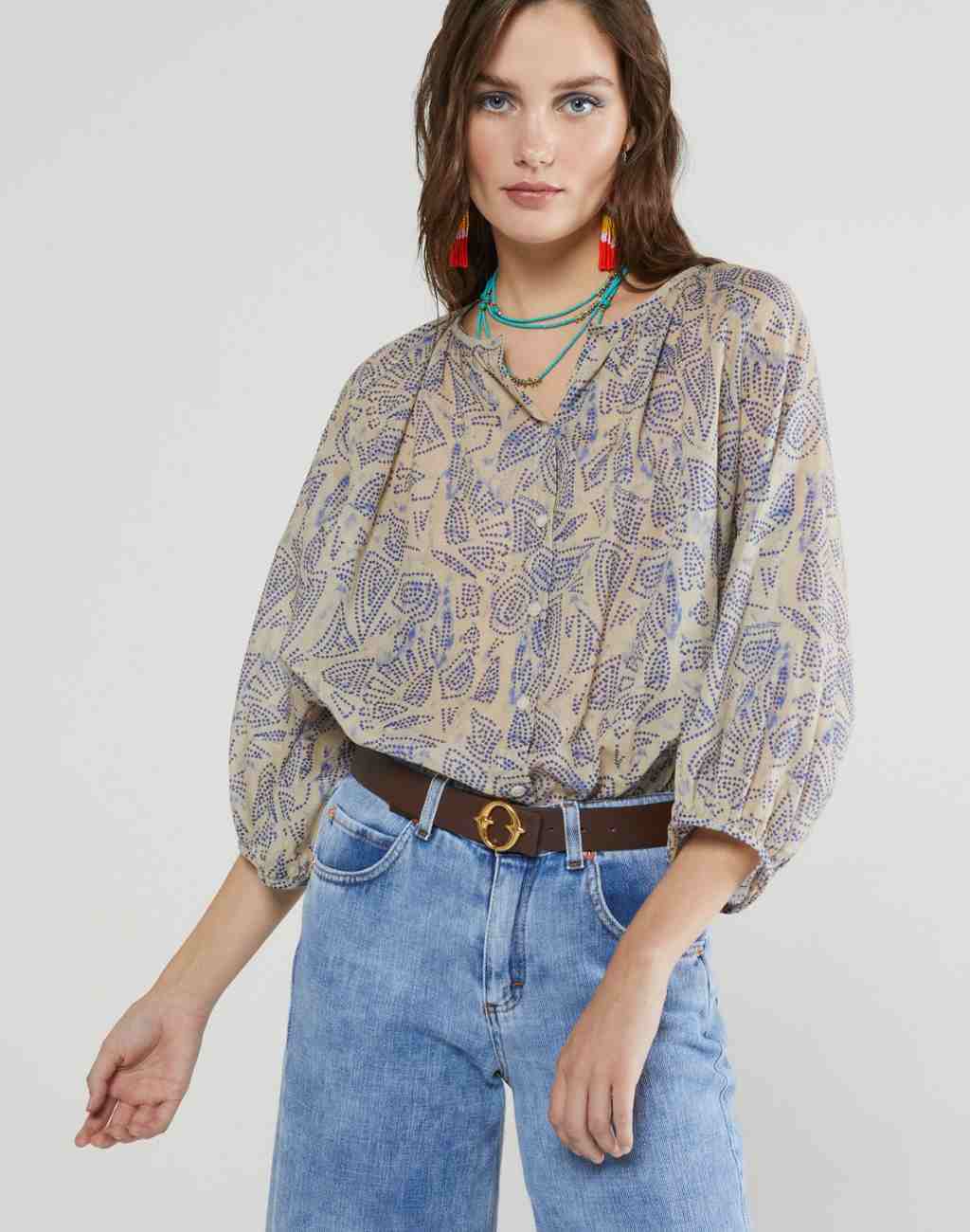 Print Top In Leightweight Cotton with Balloon Sleeves