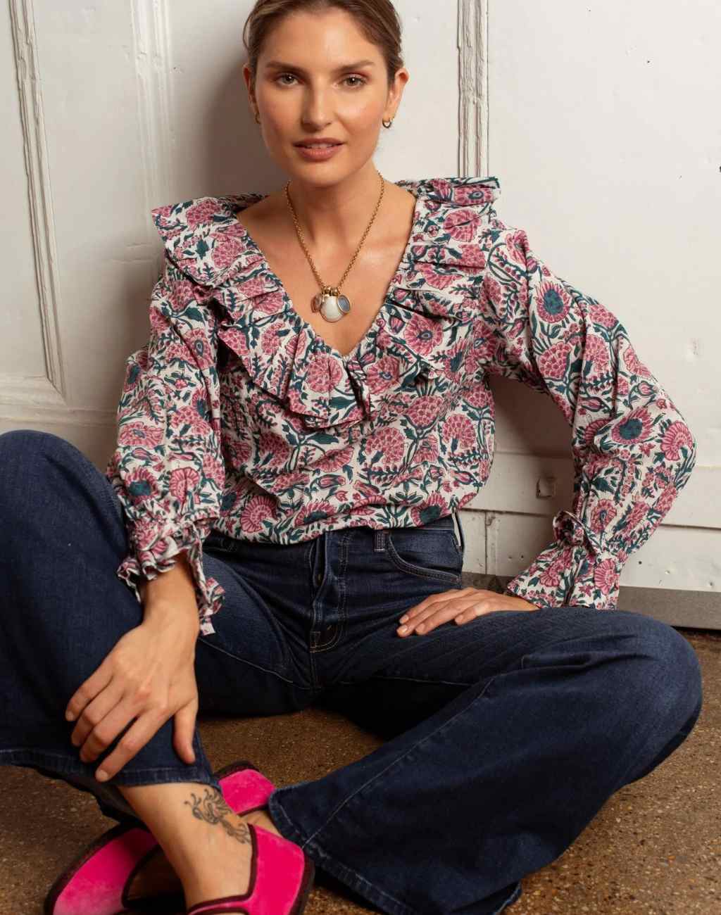 Una Blouse with Floral Blockprint | Ruffled V-Neck and Cuffs - Visit Nifty Ophelia & Indigo 