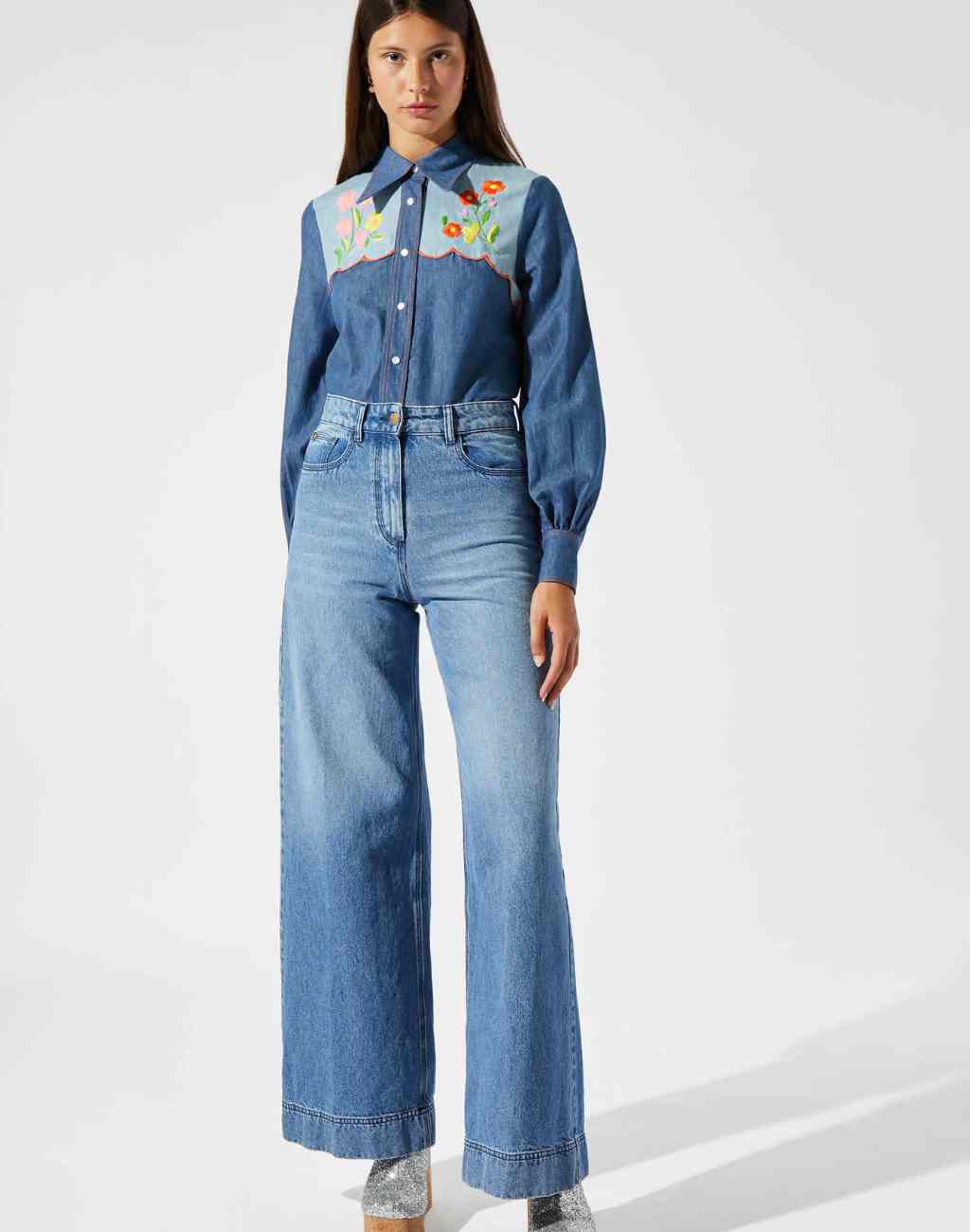 Chambray Shirt with Whimsical Embroidery - Visit Nifty Manoush 