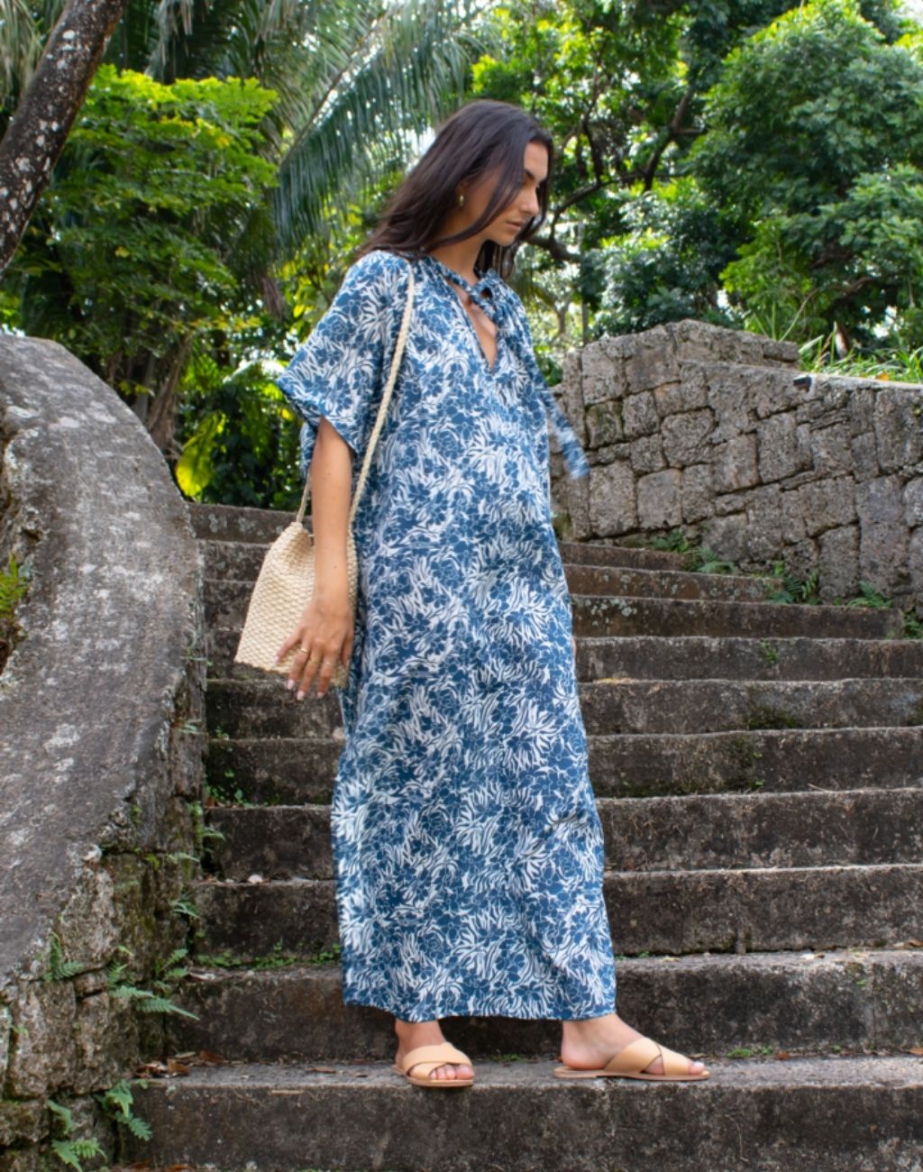 Maxi length caftan dress-block printed in everyone's favorite shade of blue-lightweight for warm days-V-neck with tie-Nifty