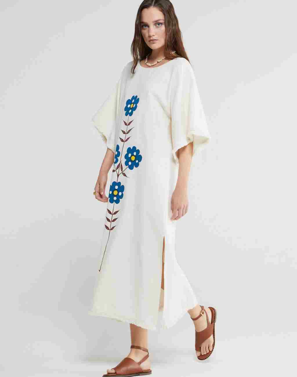 Abito Caftan/Midi Dress with Flower Motif