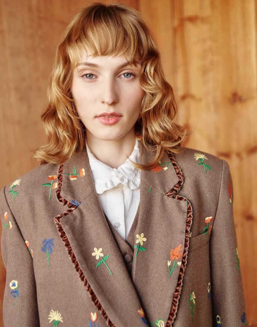 Chestnut Double Breasted Blazer with Floral Embroidery and Flannel Interior