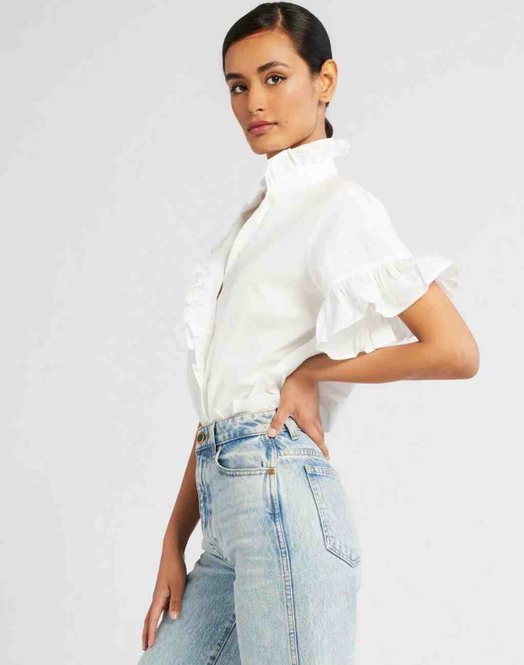 Vanessa Top In White with Ruffled Collar and Short Sleeves