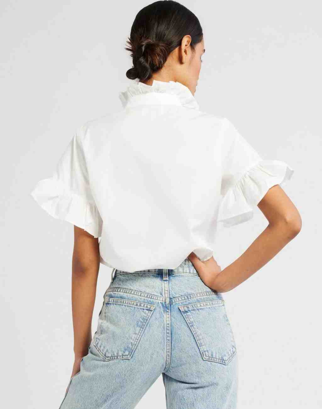 Vanessa Top In White with Ruffled Collar and Short Sleeves