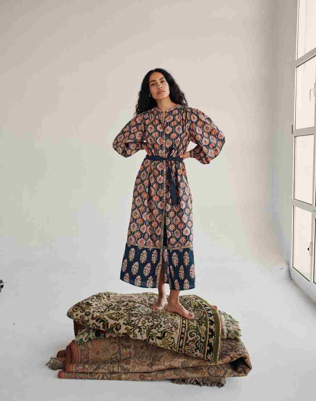 Block Print Shelli Shirtdress with Vibrant Mixed Prints and Padded Patchwork Yoke - Visit Nifty Louise Misha 