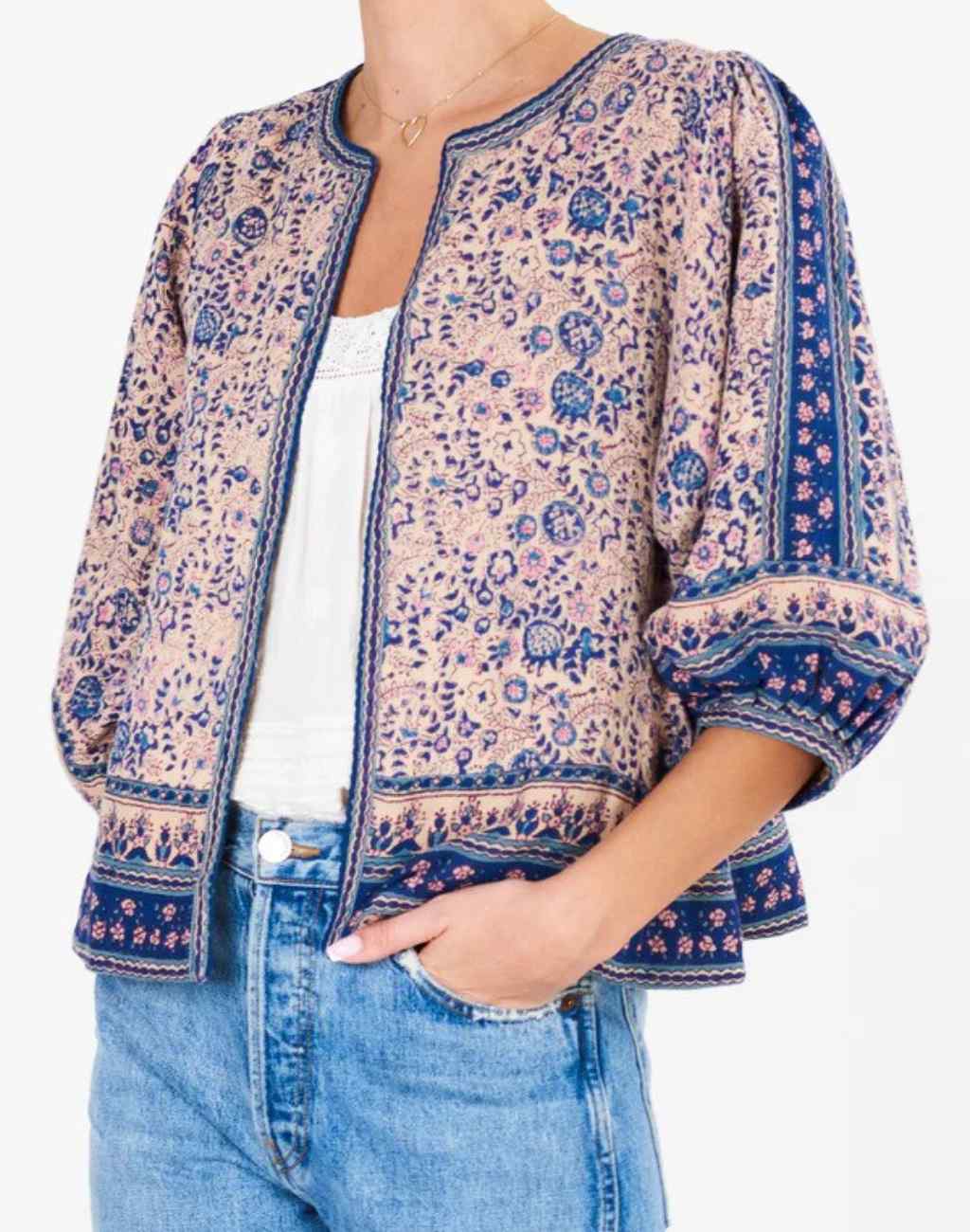 Block Print Cass Jacket with Contrasting Border on Hem and Cuffs