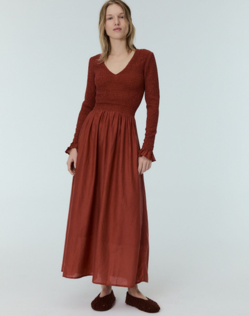 Altair Dress in Ruby with Smocked Bodice and Sleeves