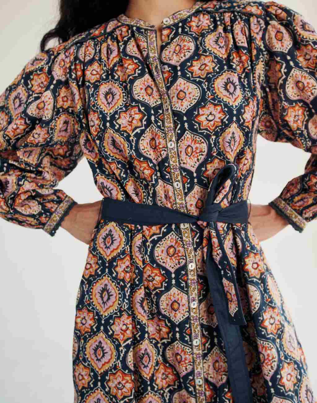 Block Print Shelli Shirtdress with Vibrant Mixed Prints and Padded Patchwork Yoke - Visit Nifty Louise Misha 