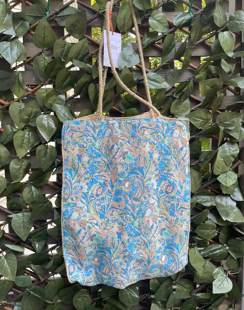 Vintage Silk Covered Jute Tote Bag in Blue, Pink, and Gold