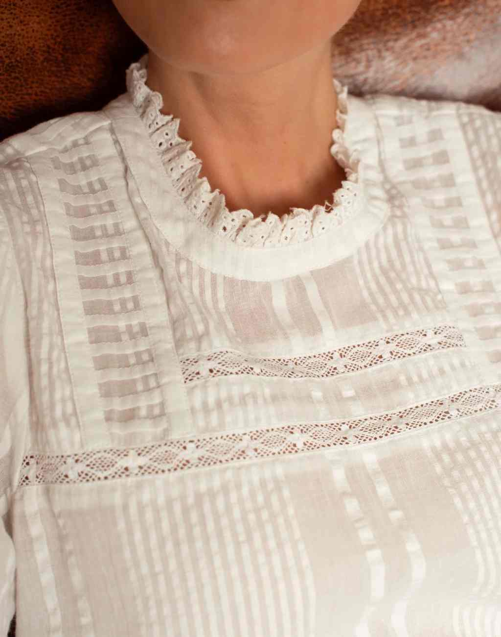 White Ruby Blouse with Pintucks at Neck and Hem | Seersucker and Lace Details
