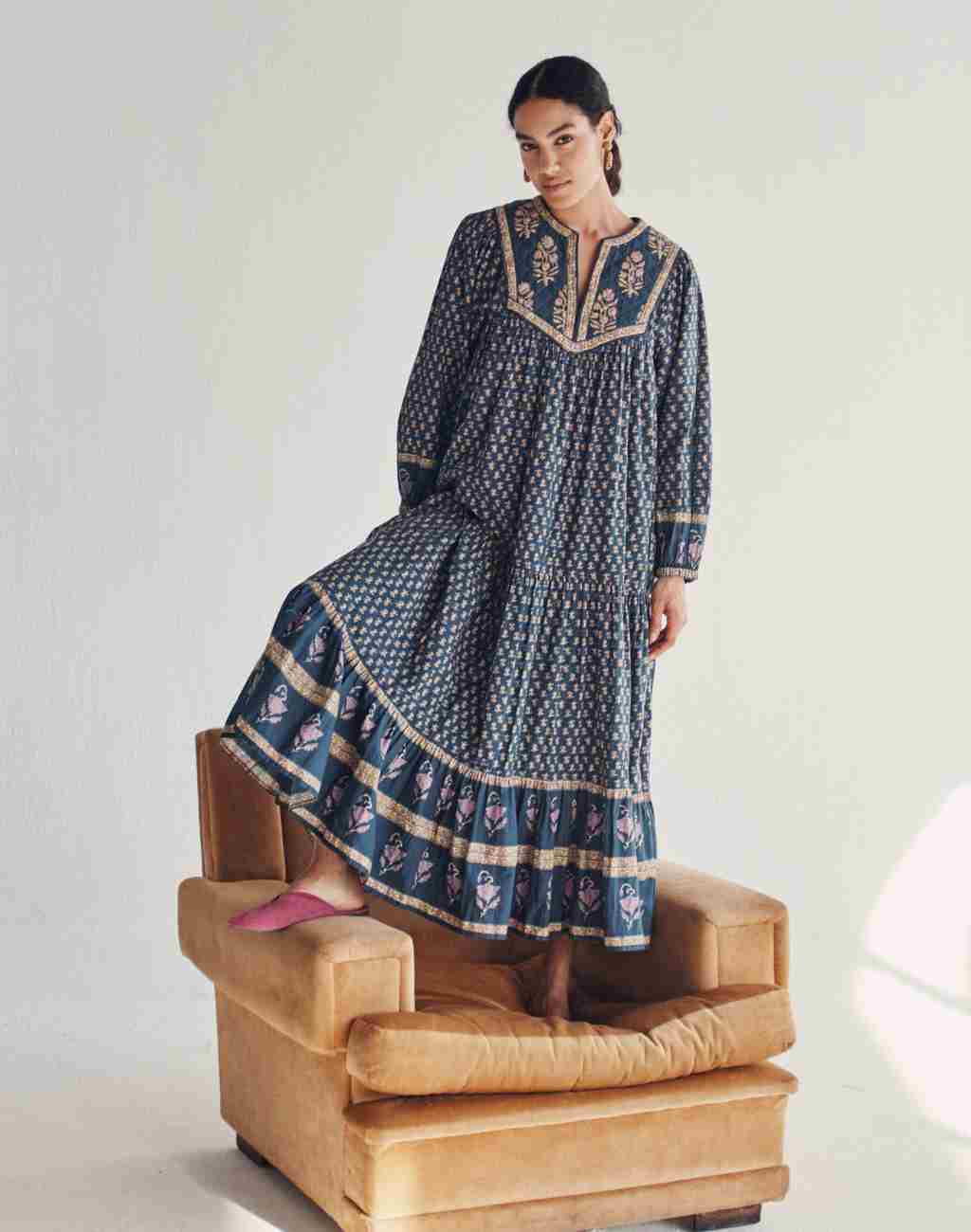 Gypsy Block Print Maxi Dress with Quilted Yoke and Balloon Sleeves