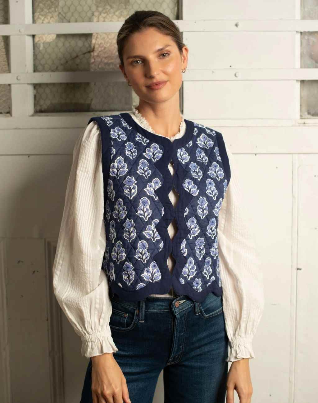 Blockprint Celest Vest in Navy Floral with Precious Scalloped Border - Visit Nifty Ophelia &amp; Indigo 