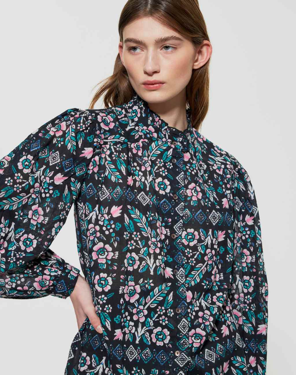 Block Print Flora Blouse with Floral and Geometric Print, Ruffle Collar, and Puffed Sleeves - Visit Nifty Antik Batik 