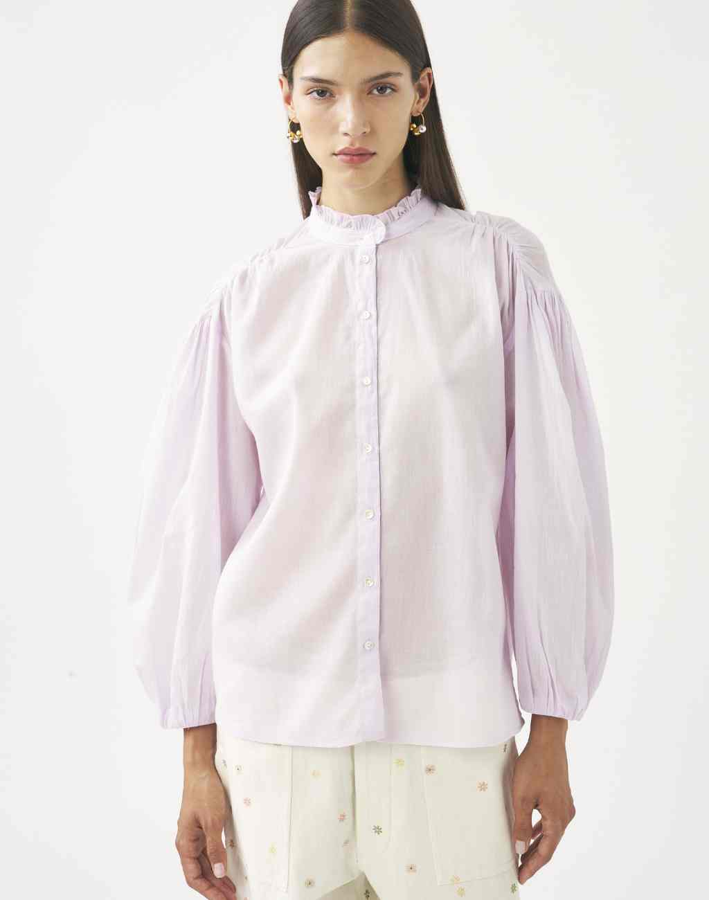 Cotton Voile Lightweight Anna Blouse in Lilac with Shoulder Pleats, Ruffled Collar, and Balloon Sleeves