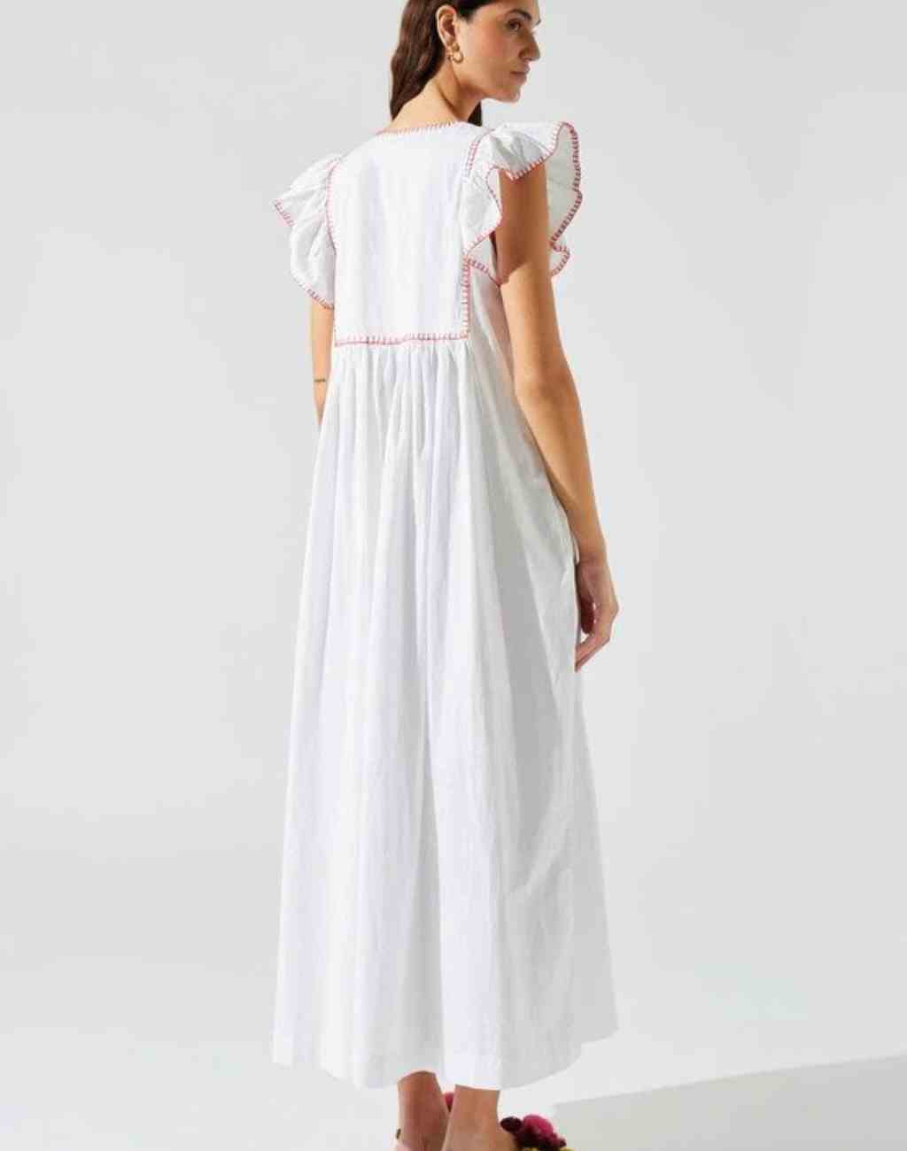 White Midi/Maxi Dress with Whimsical Embroidery and Flutter Sleeves