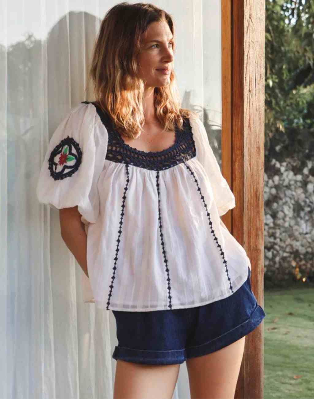 Navi Blouse in White Cotton Ticking and Hand Embroidery - Visit Nifty Cleobella 