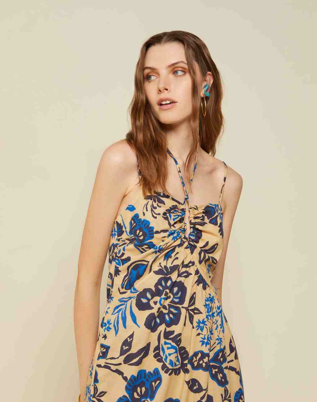 Cotton Midi Dress with Floral Print and Halter Neck Ties