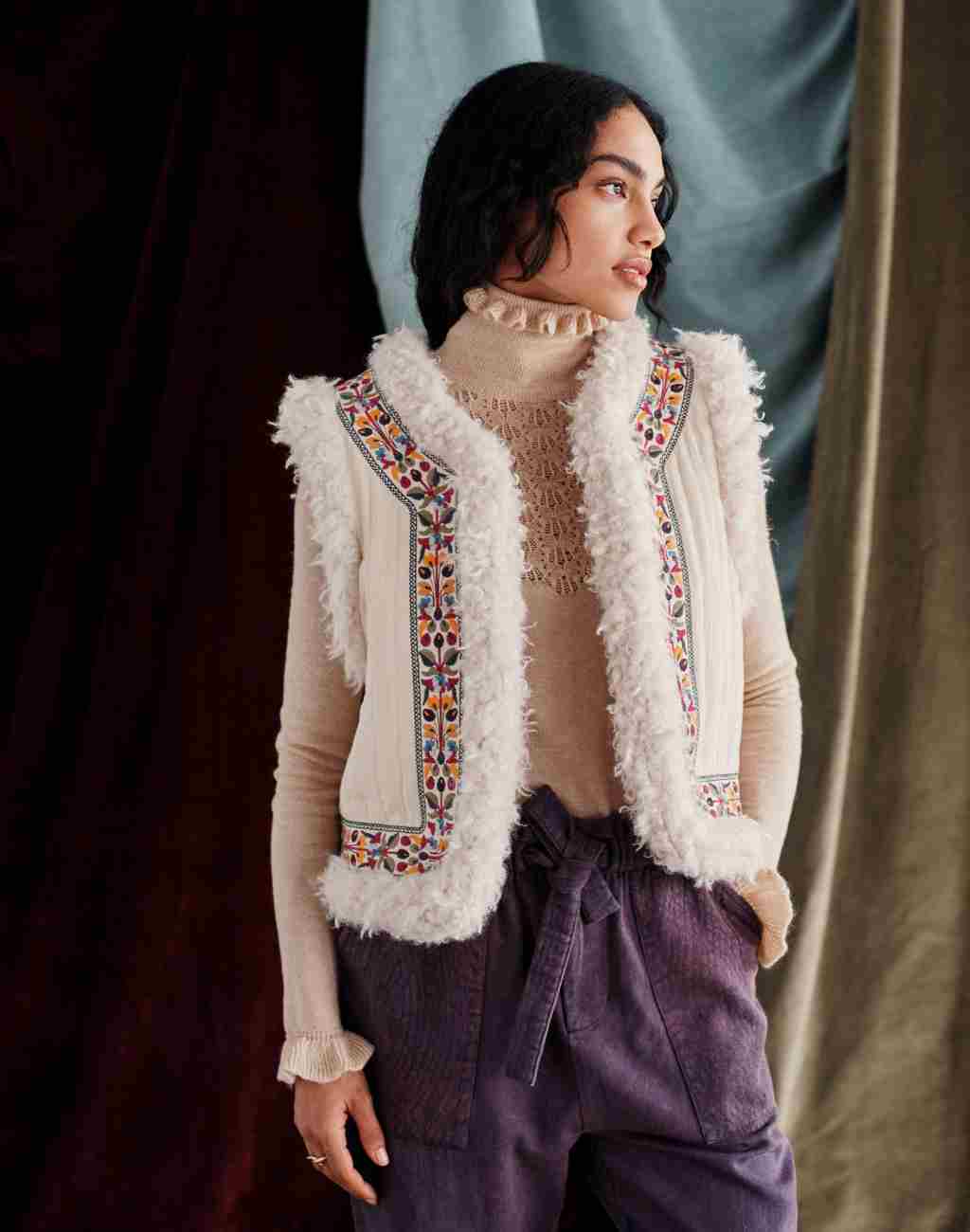 Vintage Inspired Faux Fur Reversible Vest with Embroidery