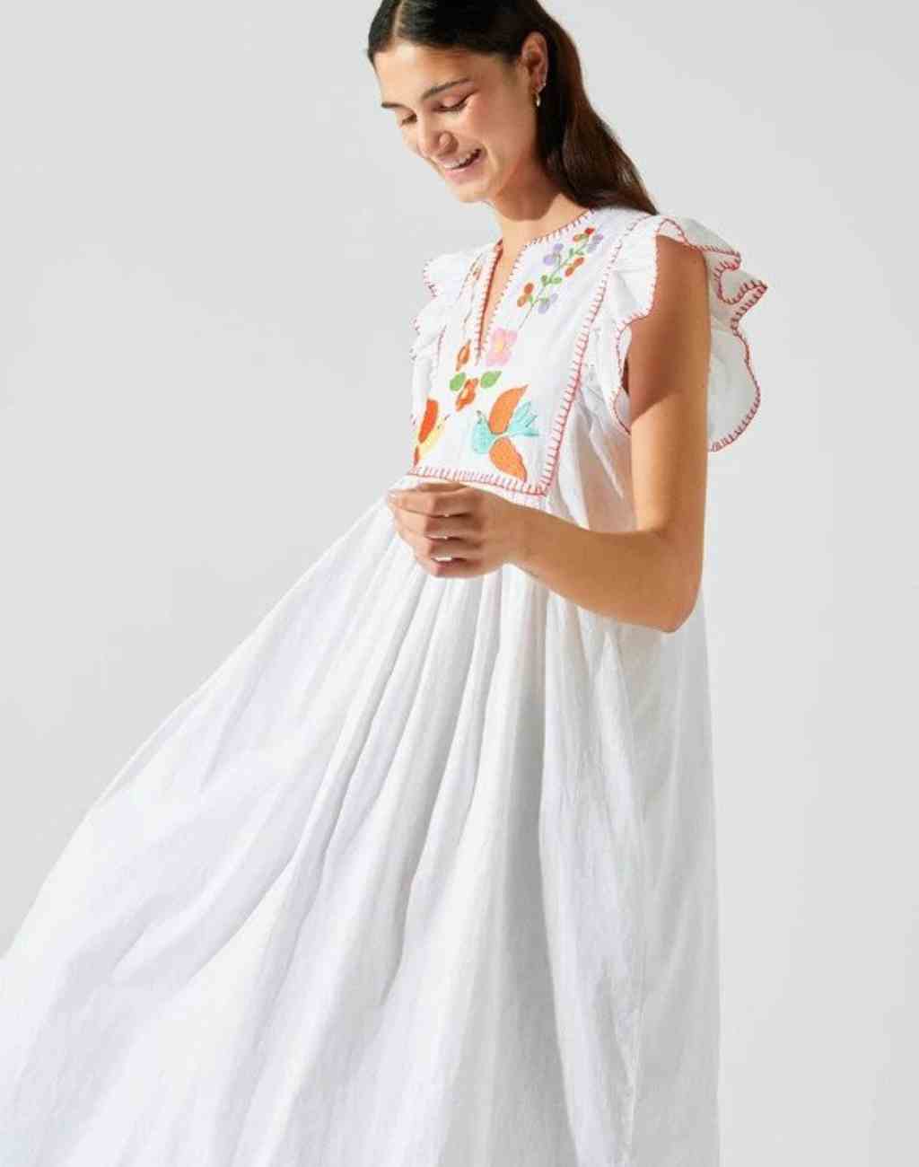 White Midi/Maxi Dress with Whimsical Embroidery and Flutter Sleeves