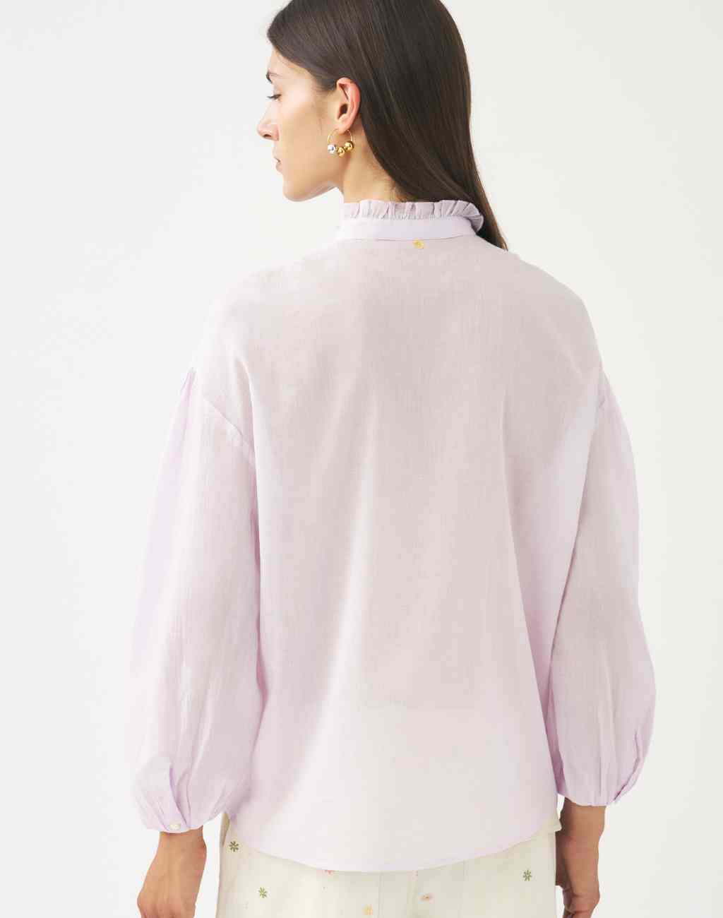 Cotton Voile Lightweight Anna Blouse in Lilac with Shoulder Pleats, Ruffled Collar, and Balloon Sleeves