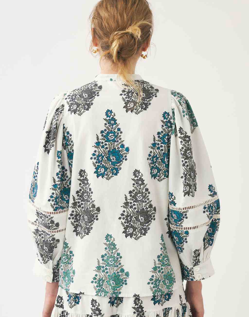 Cotton Poplin Muguet Blouse with Puffed Sleeves and Lace Ribbon Inserts