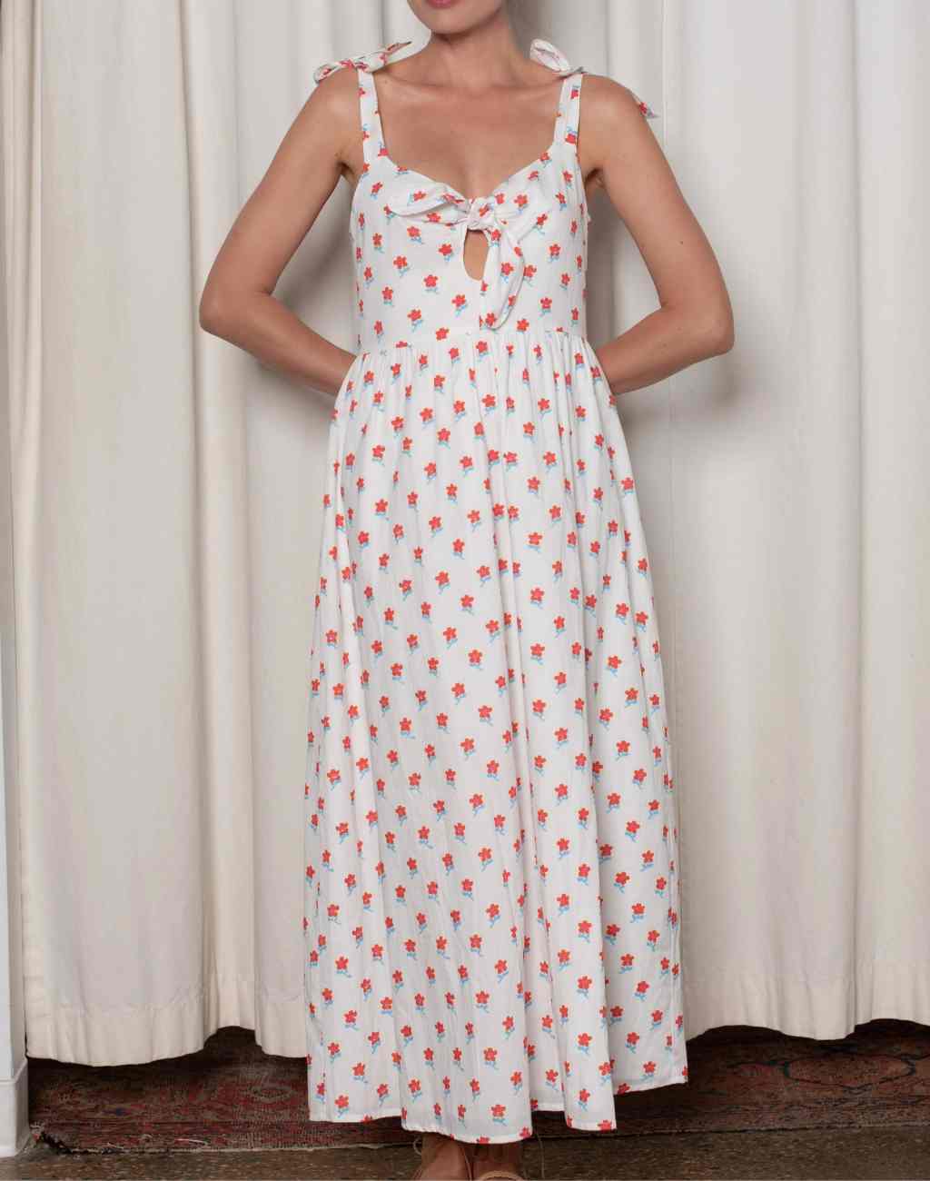 Tara Sundress with Shoulder Ties in Red and White Ditsy Print