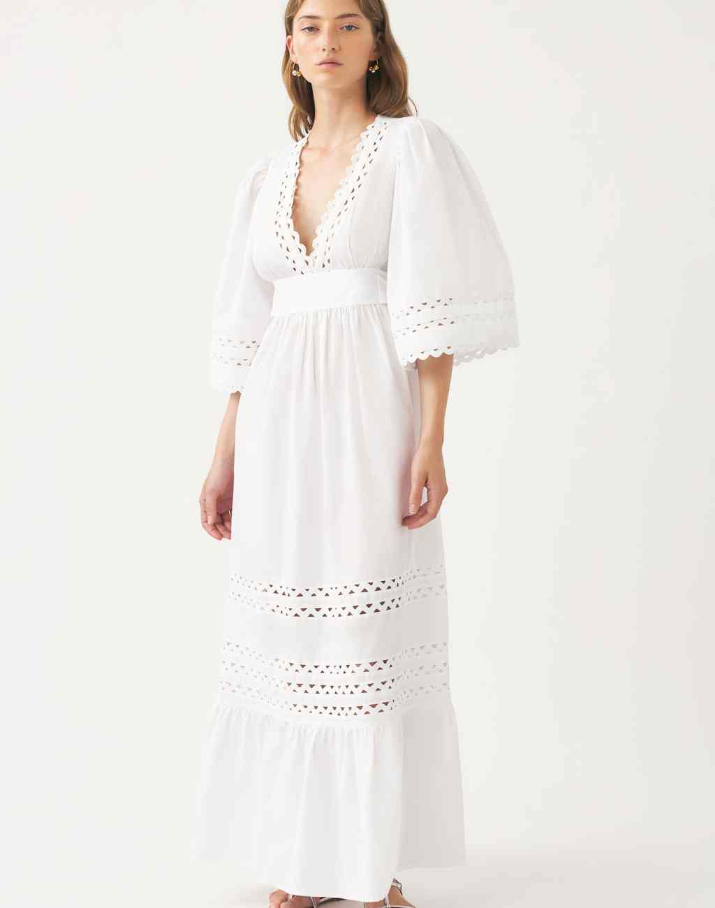 Cotton Poplin White Maxi Dress with Openwork and Scalloped Ribbon Detail