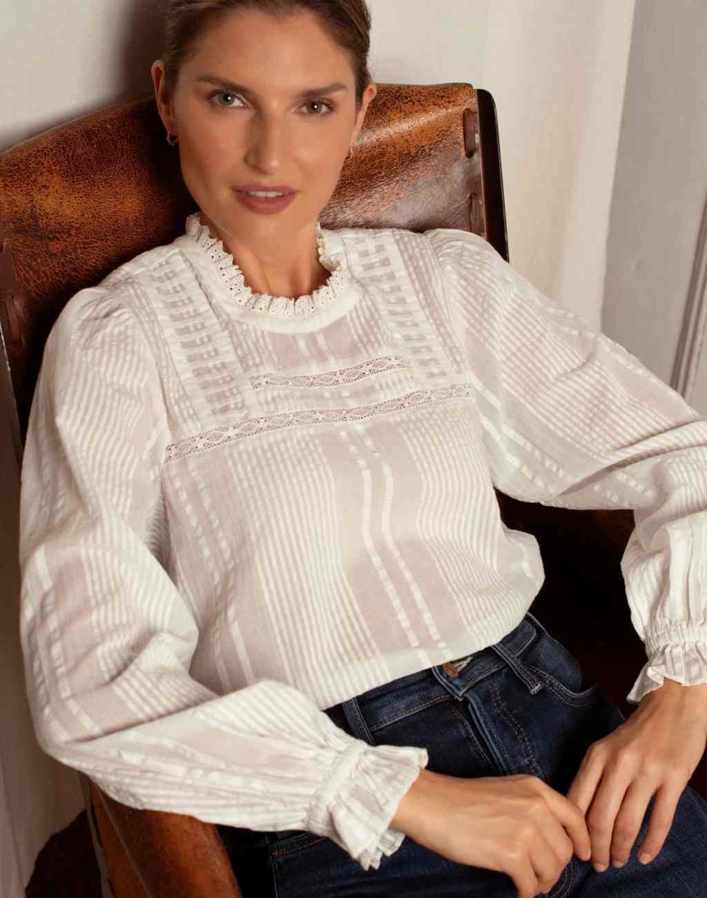 White Ruby Blouse with Pintucks at Neck and Hem | Seersucker and Lace Details - Visit Nifty Ophelia & Indigo 