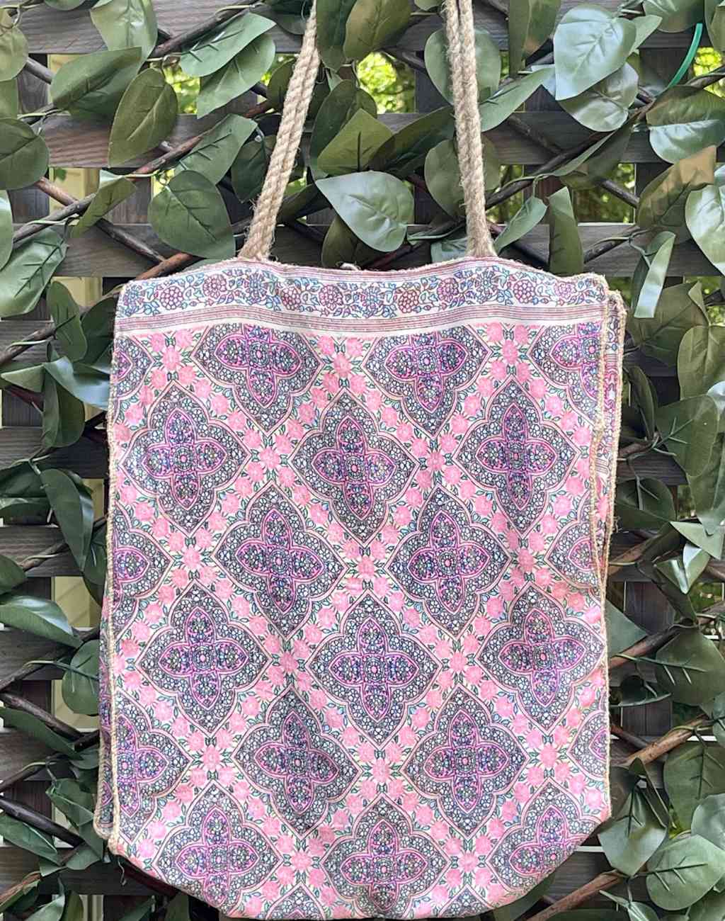 Vintage Silk Covered Jute Tote Bag in Pink Geometric Print