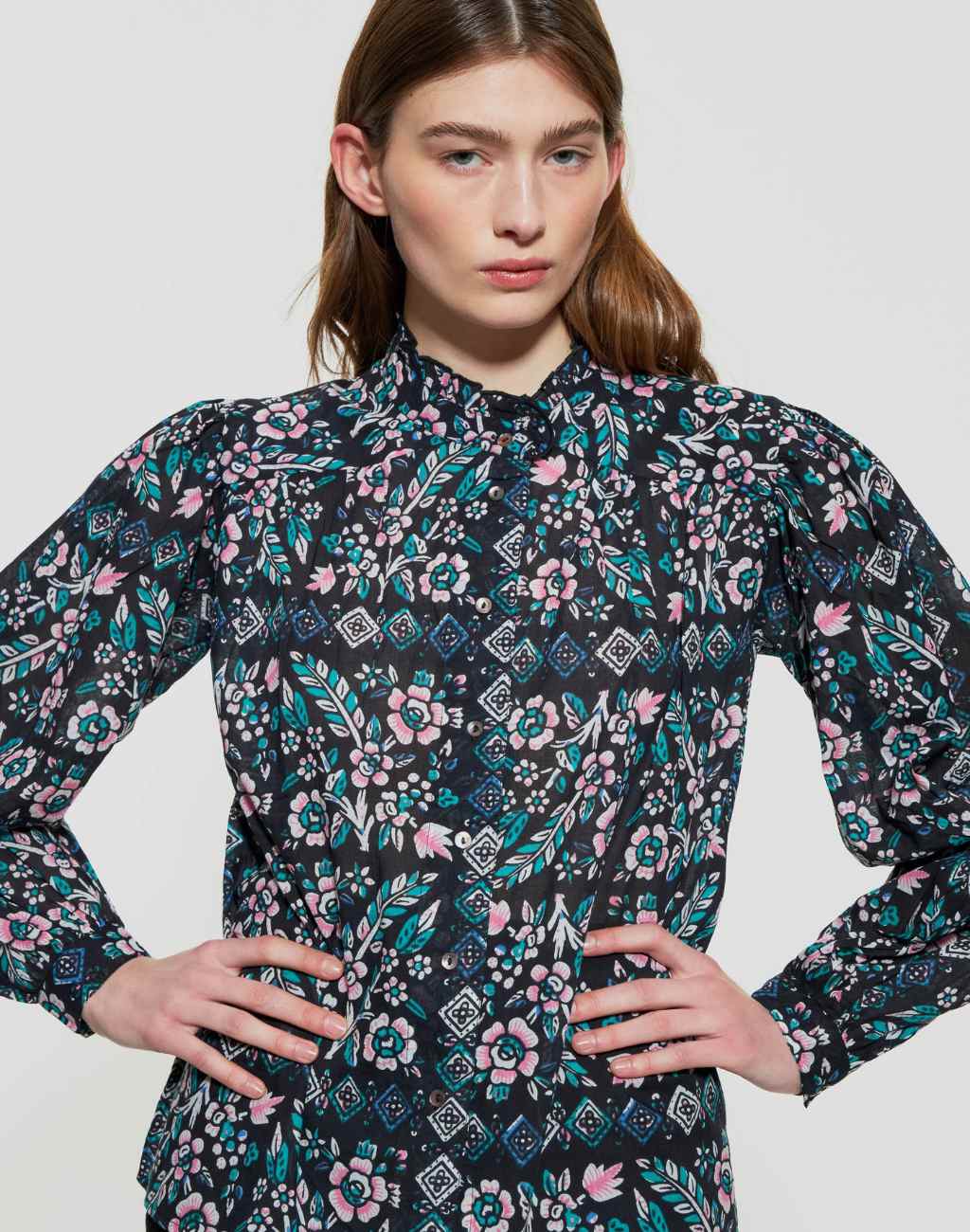 Block Print Flora Blouse with Floral and Geometric Print, Ruffle Collar, and Puffed Sleeves