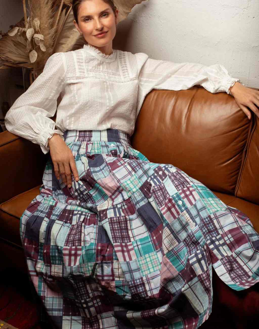 Mimi Maxi Skirt in Plaid Patchwork with Elastic Waistband and Pockets