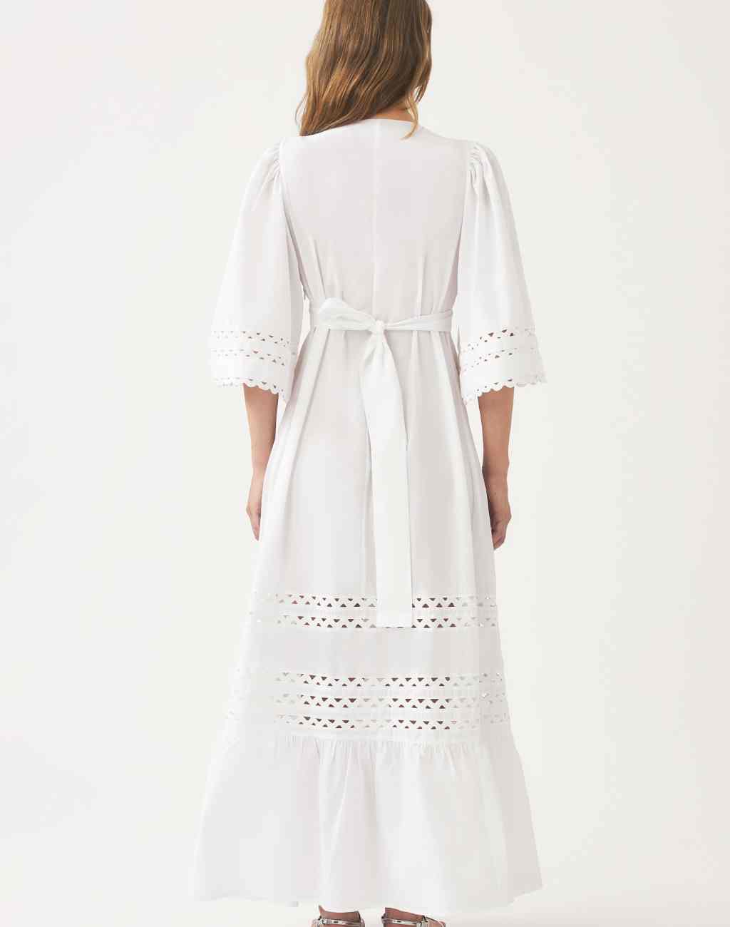 Cotton Poplin White Maxi Dress with Openwork and Scalloped Ribbon Detail