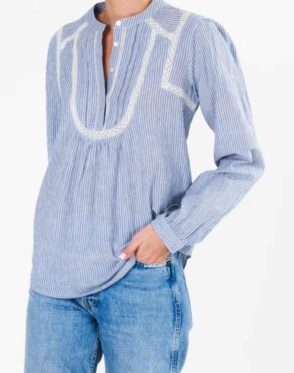 Blue and White Striped Adley Top with Lace Inserts and a Blousy 70&#39;s Vibe