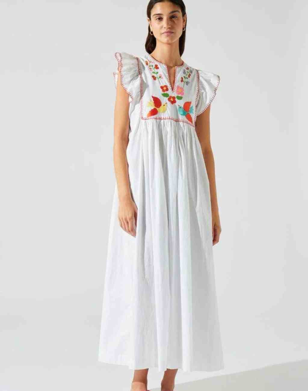 White Midi/Maxi Dress with Whimsical Embroidery and Flutter Sleeves - Visit Nifty Manoush 