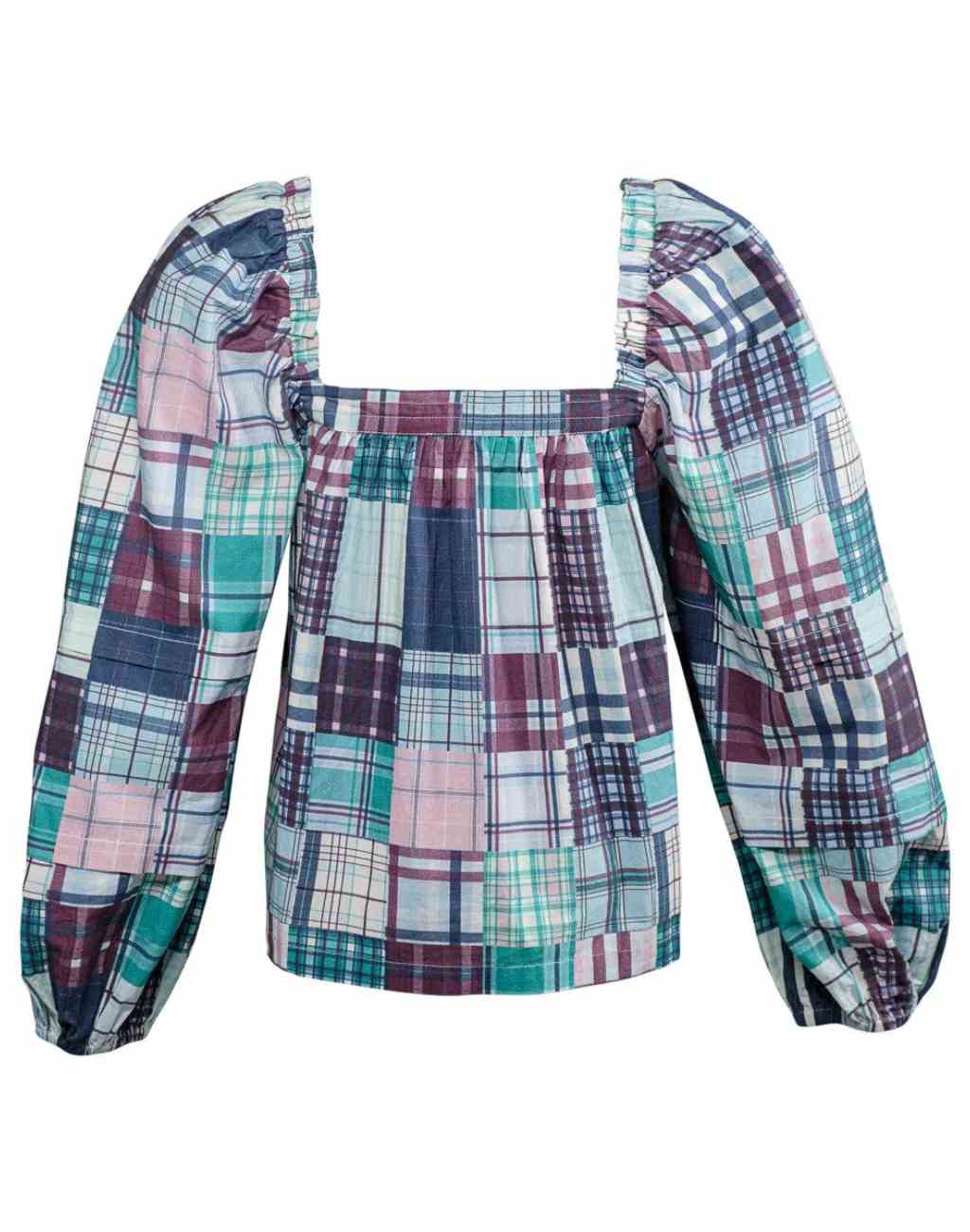 Martha Top in Plaid Patchwork with Oversized Puffed Sleeves