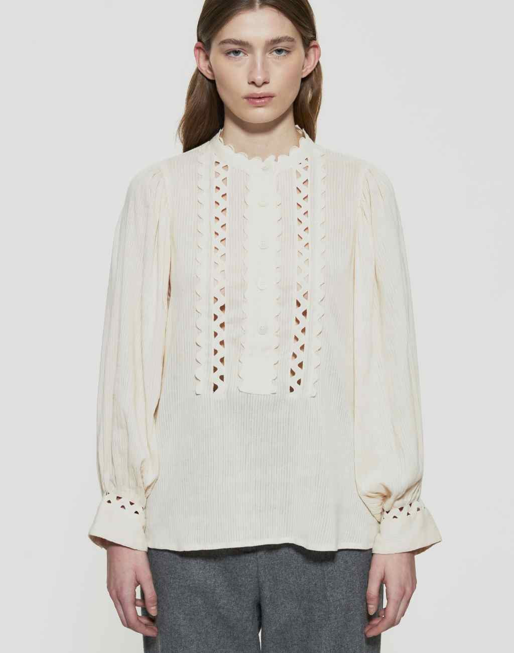 Cream Aya Blouse with Ric Rac and Cut-Out Details