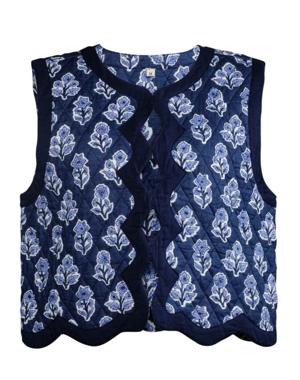 Blockprint Celest Vest in Navy Floral with Precious Scalloped Border