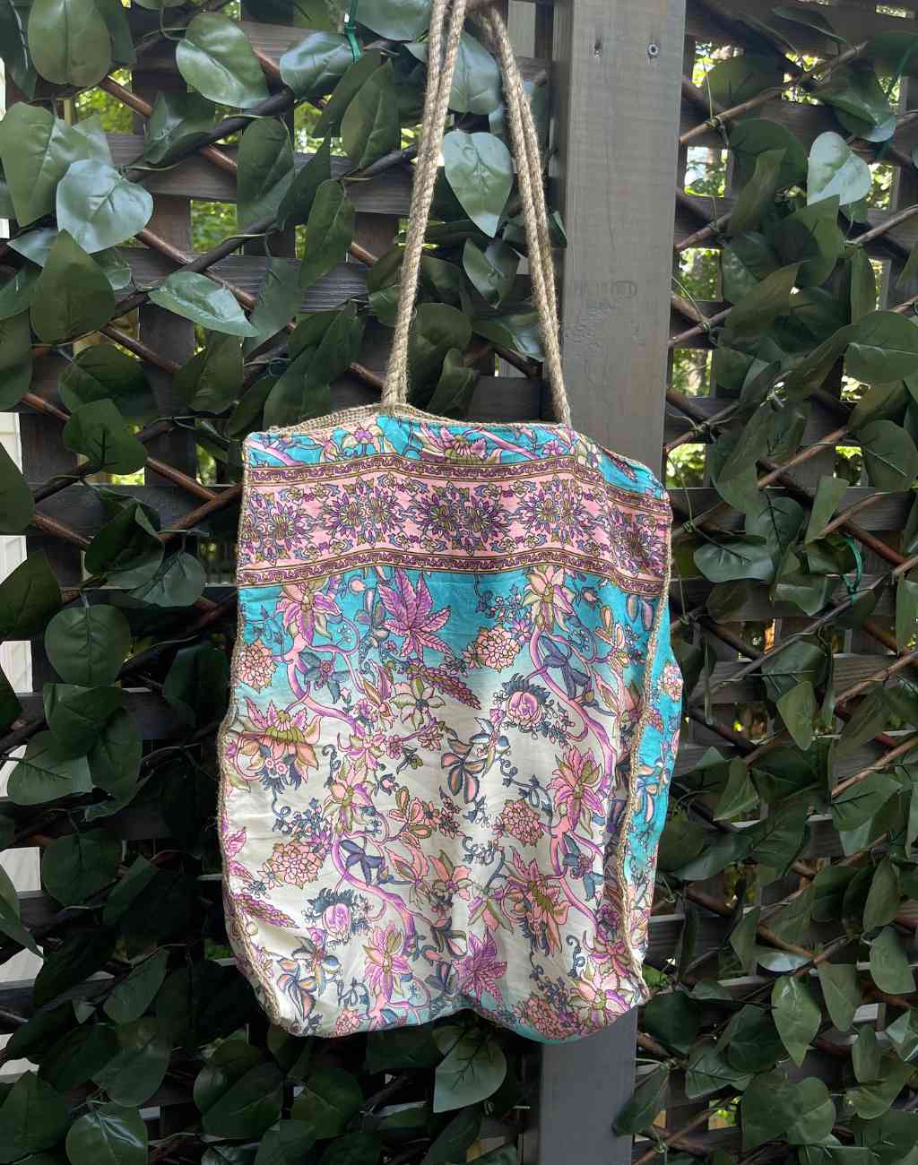 Vintage Silk Covered Jute Tote Bag in Cream, Turquoise, and Pink