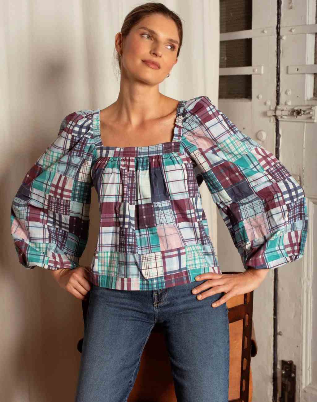 Martha Top in Plaid Patchwork with Oversized Puffed Sleeves - Visit Nifty Ophelia &amp; Indigo 