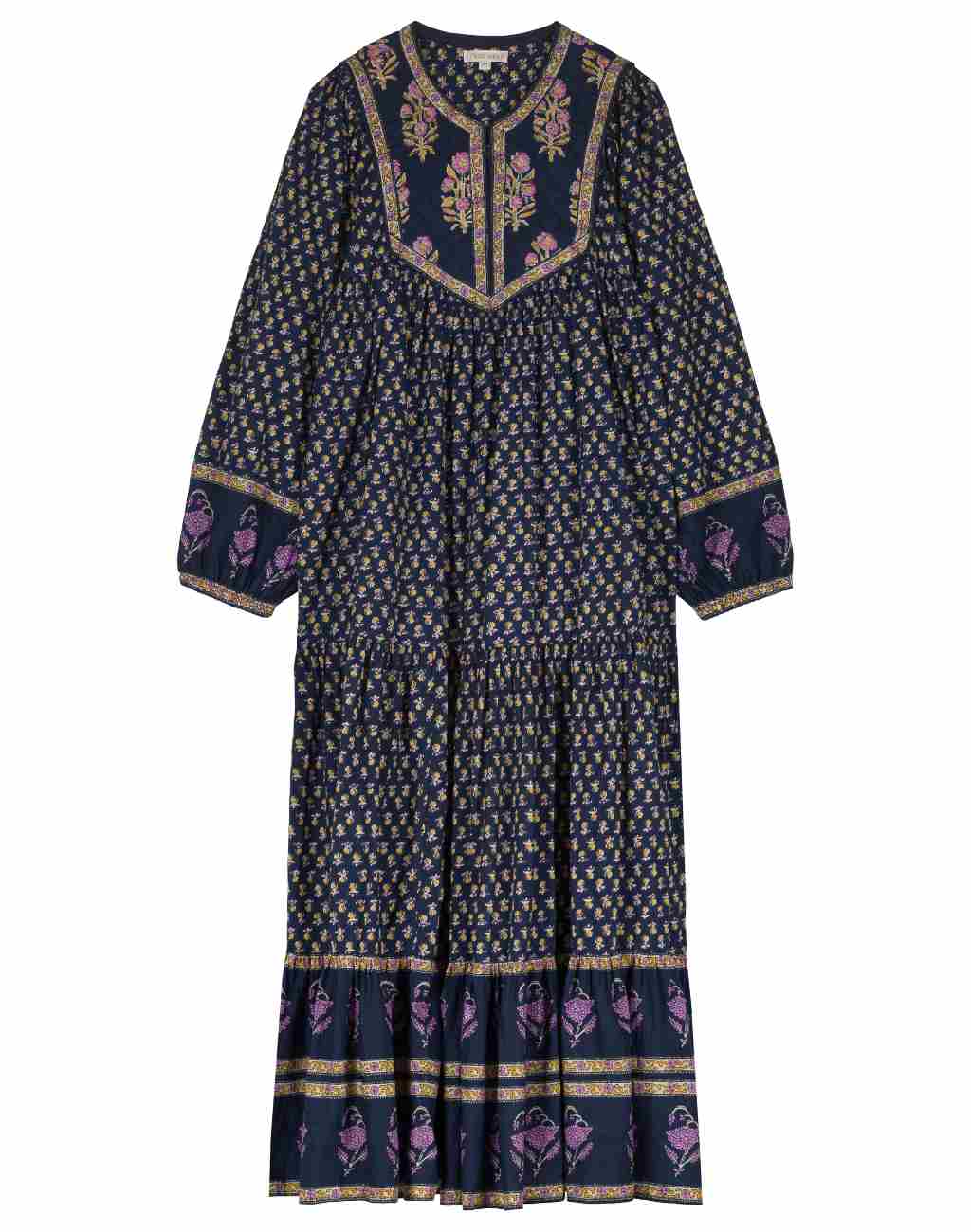 Gypsy Block Print Maxi Dress with Quilted Yoke and Balloon Sleeves
