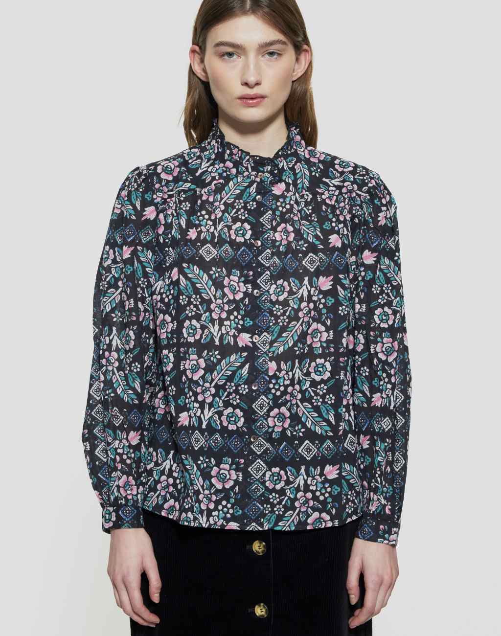 Block Print Flora Blouse with Floral and Geometric Print, Ruffle Collar, and Puffed Sleeves