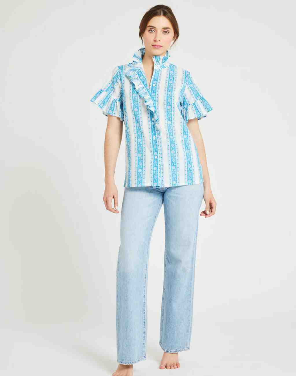 Vanessa Top In Aqua Jaipur Stripe with Ruffled Collar and Short Sleeves