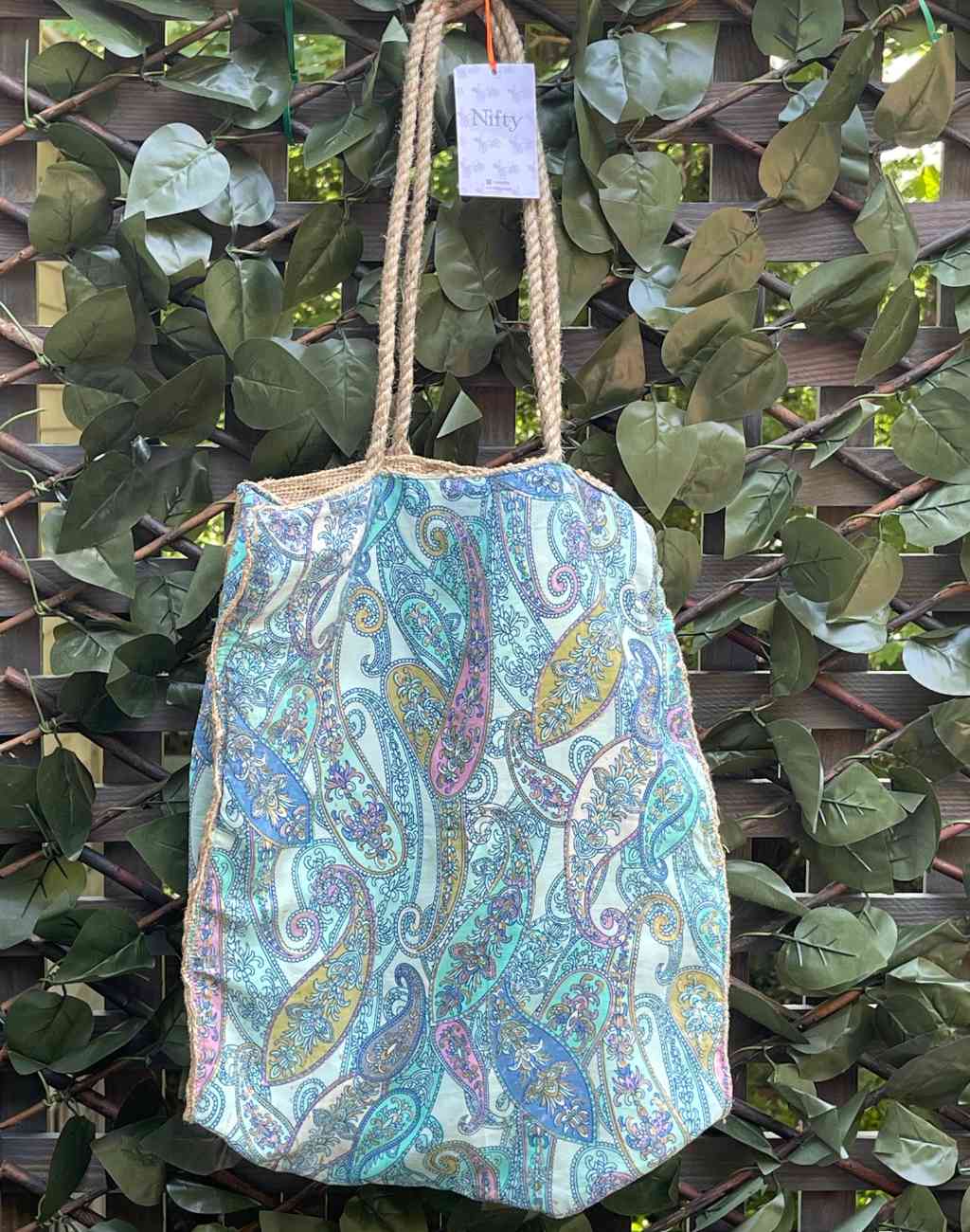 Vintage Silk Covered Jute Tote Bag in Turquoise Paisley Print - Visit Nifty Nifty 