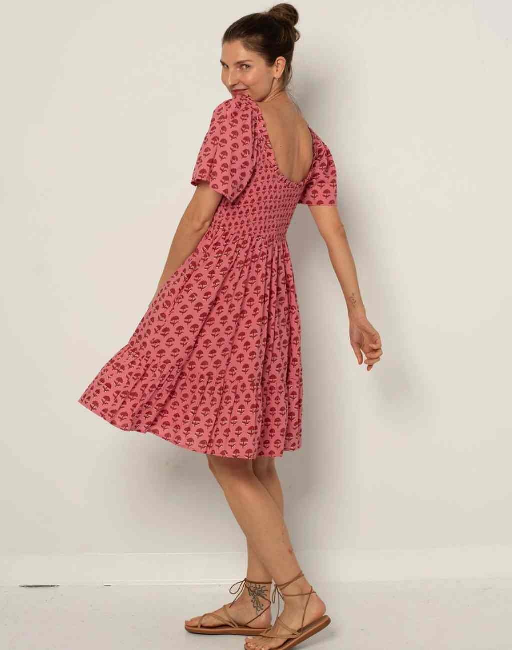 Delilah Short Dress in Red and Pink Hydrangea Print with Smocked Bodice