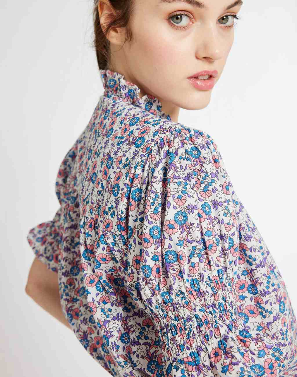 Marnie Top with Puffed Sleeves and Ruffle Collar in Precious Bluebell Print