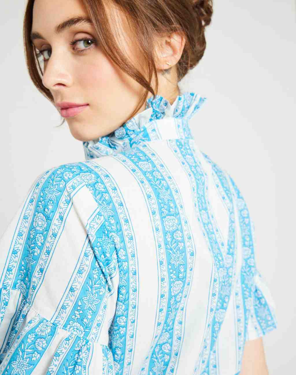 Vanessa Top In Aqua Jaipur Stripe with Ruffled Collar and Short Sleeves