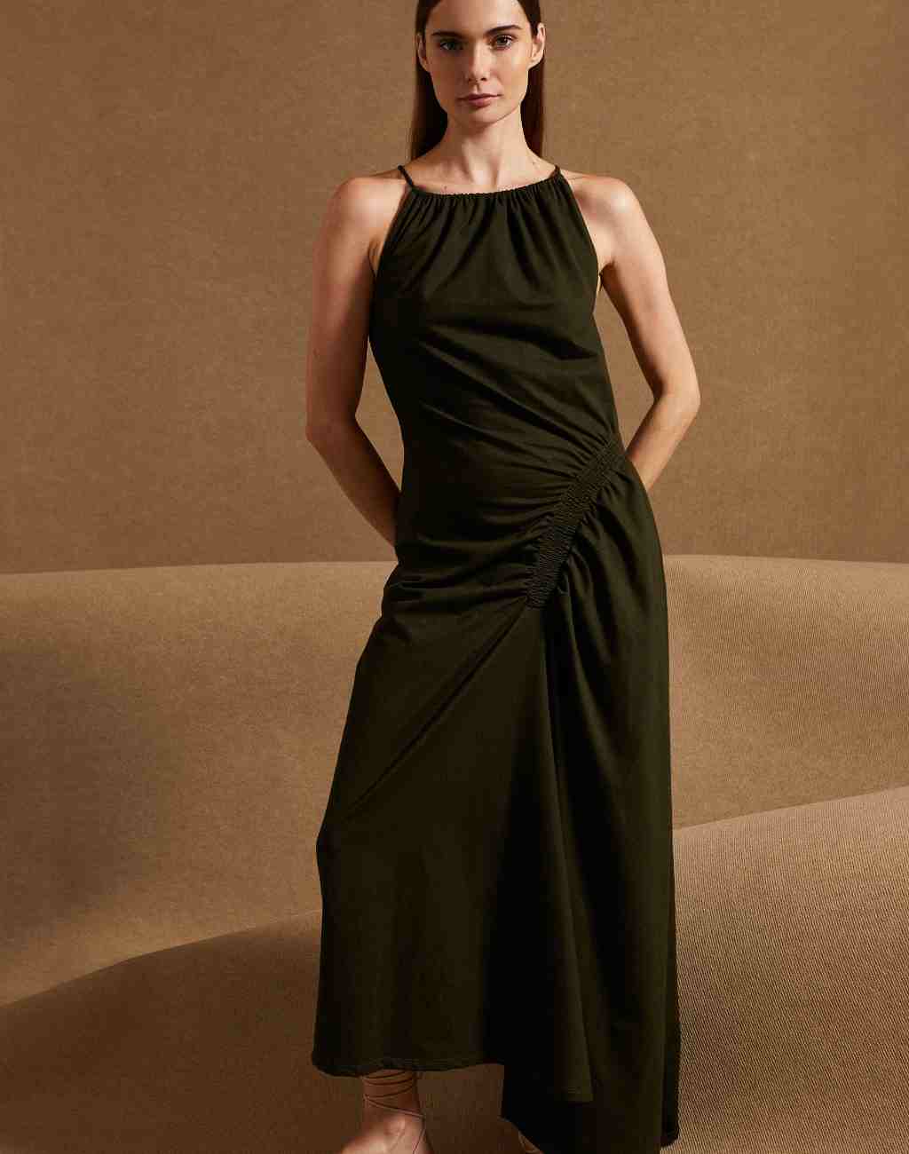Diario Midi/Maxi Dress with Ruched Side Detail and Tie Neck - Visit Nifty Fasce 