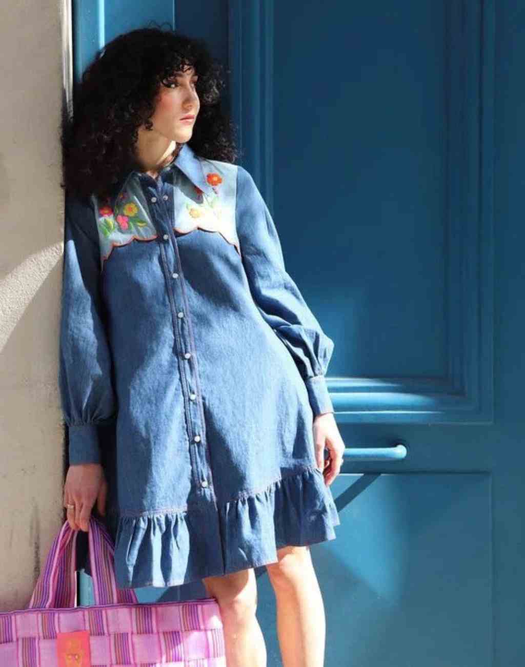 Chambray Short Dress with Whimsical Embroidery - Visit Nifty Manoush 