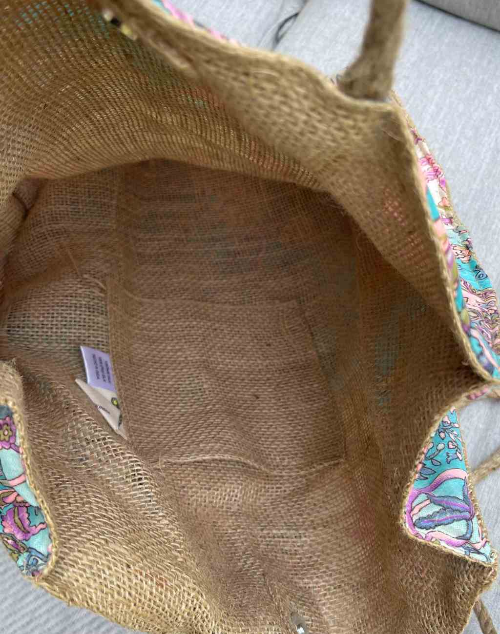 Vintage Silk Covered Jute Tote Bag in Cream, Turquoise, and Pink