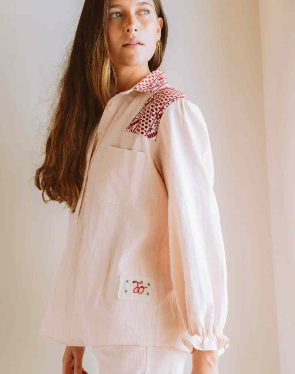 Textured Cotton Shirt with Embroidery Details